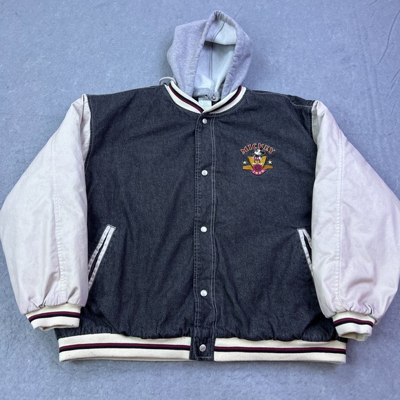 Disney Other - VTG Mickey Mouse True Varsity Jacket XL‎ Black/Tan Disney Bomber 90s Hooded READ